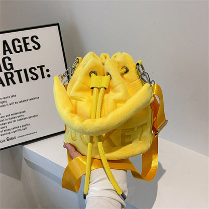 Sac à main seau brodé en peluche avec cordon de serrage pour femme, mode automne-hiver 