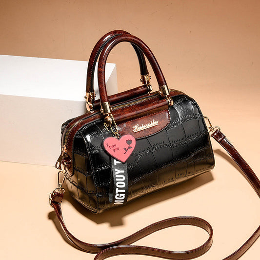 Women Vintage Stone Print Large Capacity Zip Handle Shoulder Bag