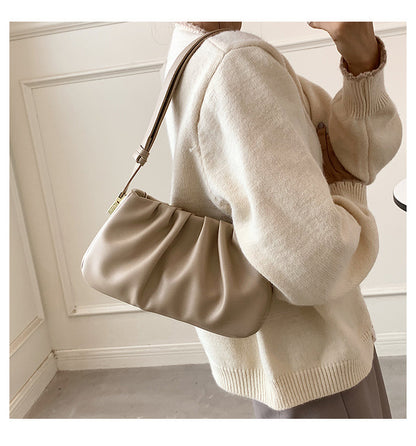 Women Fashion Retro Solid Color Pleated Shoulder Bag
