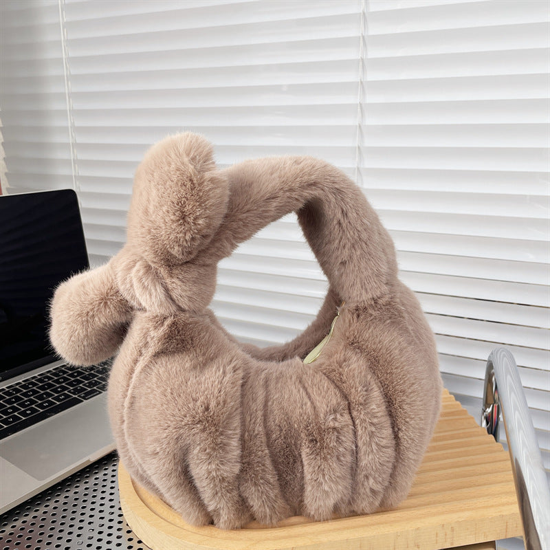Women'S Fashion Solid Color Bow Crinkled Plush Cloud Shell Handbag