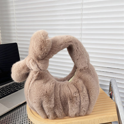 Women'S Fashion Solid Color Bow Crinkled Plush Cloud Shell Handbag