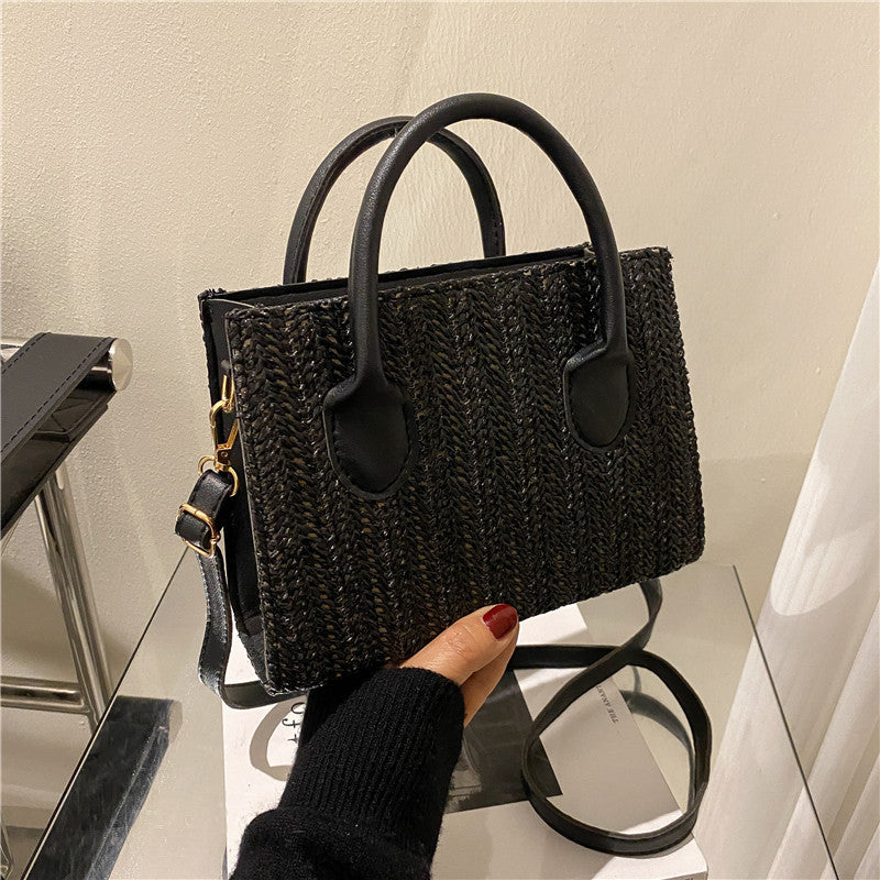Sac à bandoulière en paille tissée pour femme, simple et tendance, grande capacité, avec poignée carrée 