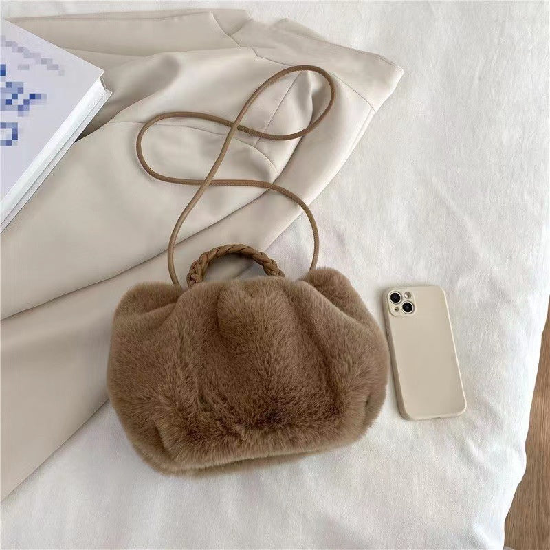Sac à bandoulière en peluche de couleur unie pour femme 