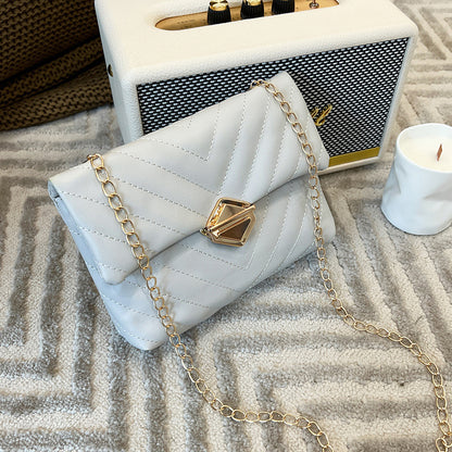 Women Fashion Basic Solid Color Pu Metal Lock Chain Crossbody Mini Square Bag