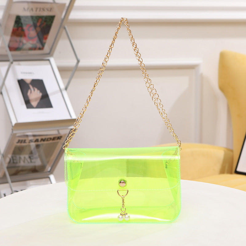 Women Fashion Simple Transparent Clear Acrylic Pearl Pendant Chain Messenger Mini Bag