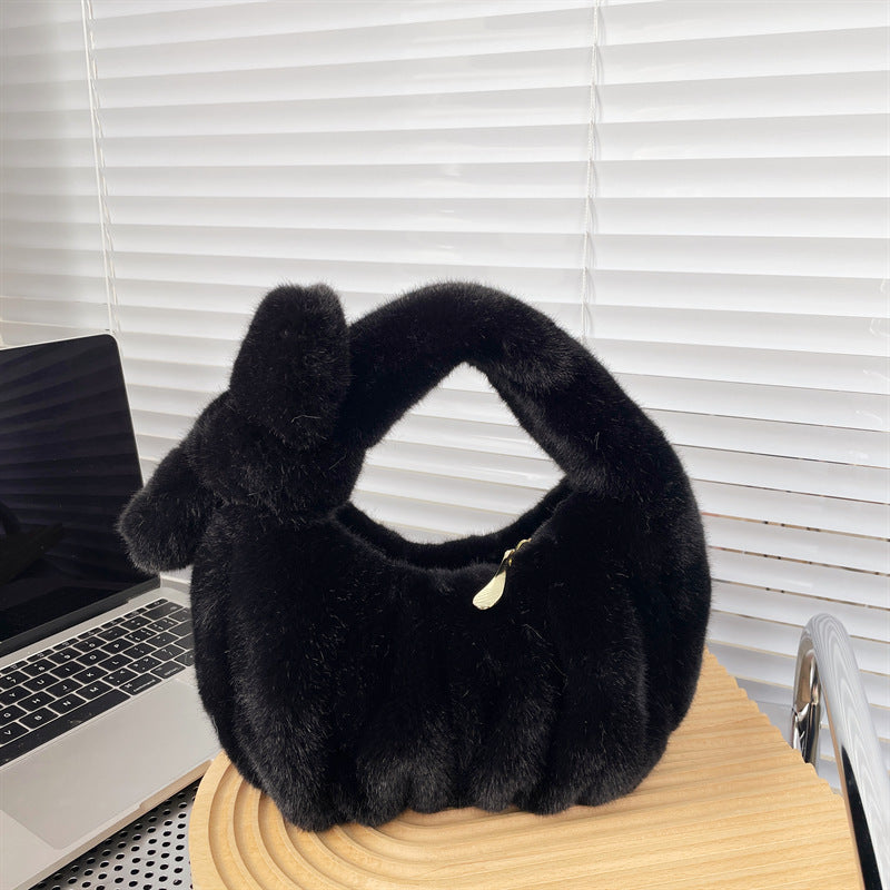 Women'S Fashion Solid Color Bow Crinkled Plush Cloud Shell Handbag