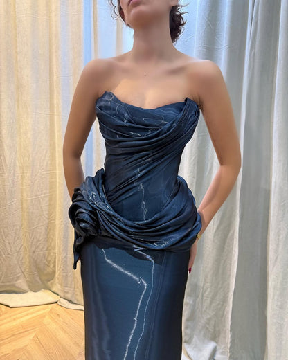 Elegant Navy Blue Ruched Prom Dress Party Night Classy Long