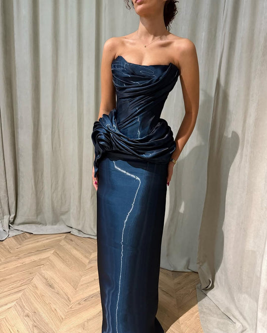 Elegant Navy Blue Ruched Prom Dress Party Night Classy Long