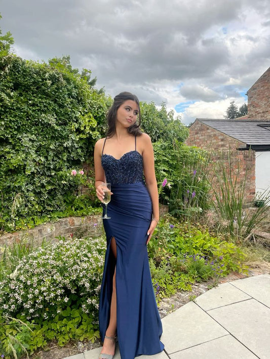 Navy Blue Long Prom Dress with Slit Ball Gown Dress for Woman