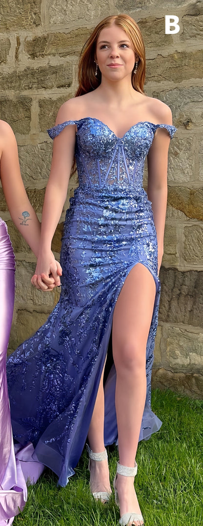 Style B, Off The Shoulder Blue Lace Split Prom Dress, AST1511