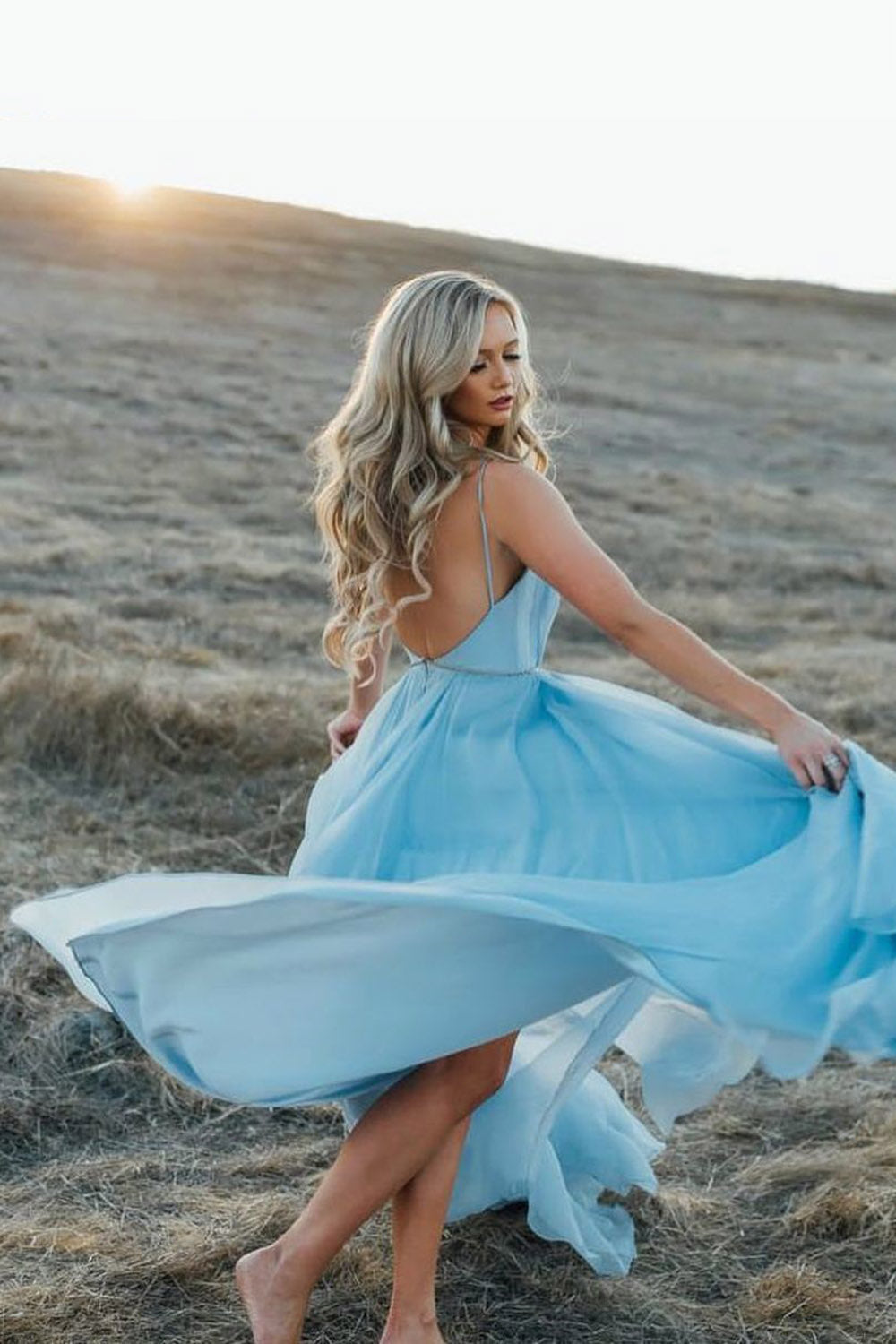 Rustic Sky Blue Chiffon Wedding Dress Slit Prom Dress,WW084