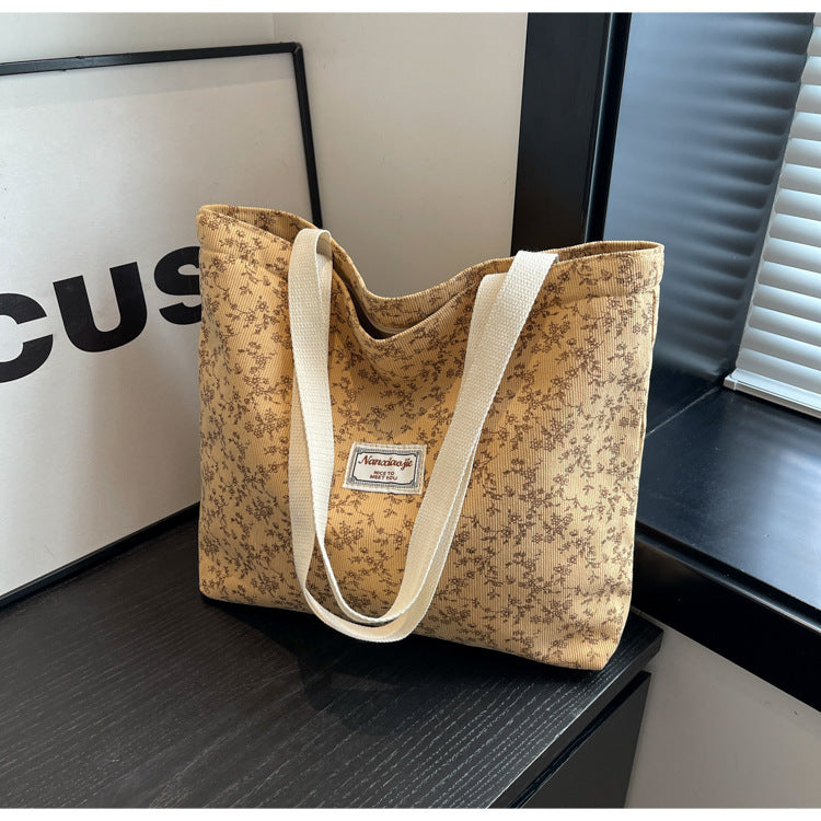 Women Fashion Casual Corduroy Floral Printed Large-Capacity Tote Bag