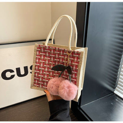 Women Fashion Casual Color Block Cherry Pendant Linen Tote Bag