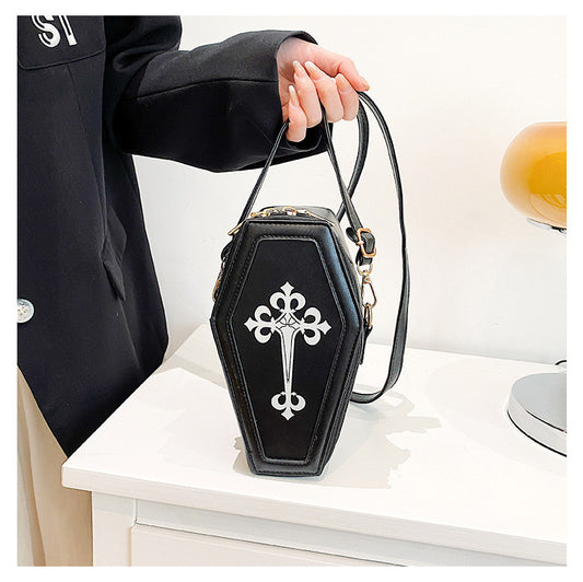 Gothic Women Fashion Vintage Cross Pattern Zipper Design Solid Color PU Crossbody Bag