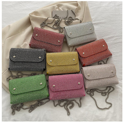 Women Fashion Square Flap Rhinestone Chain Crossbody Bag