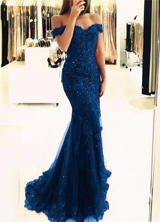 PM341,Off the shoulder mermaid applique beaded long prom evening dresses