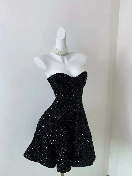 Vintage Black Strapless Sequin A-line Sweetheart Party Dresses Homecoming Dresses, TP3792