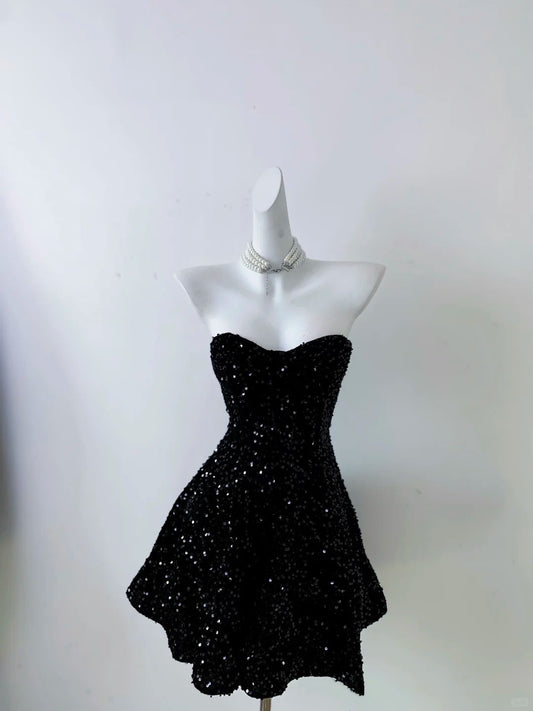Vintage Black Strapless Sequin A-line Sweetheart Party Dresses Homecoming Dresses, TP3792