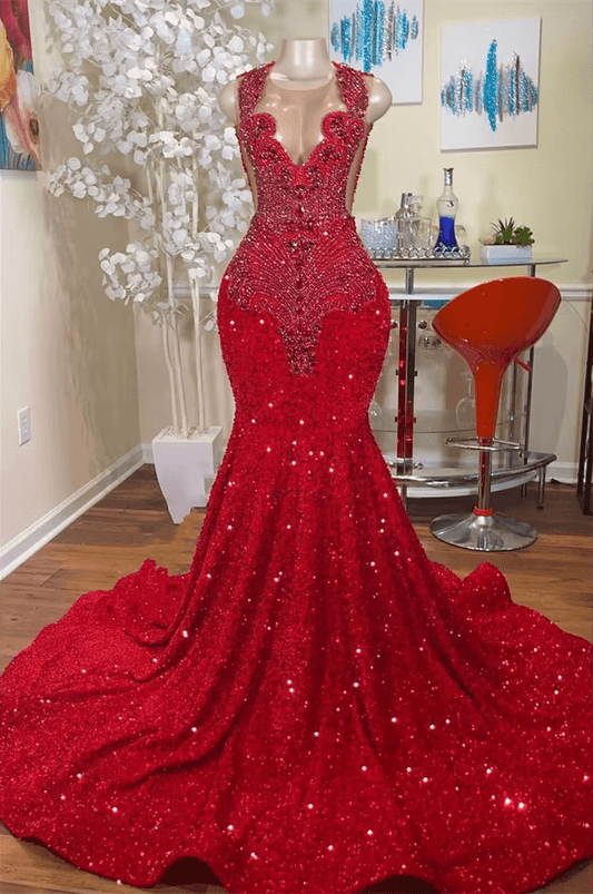 Luxury Red Sequin Mermaid Prom Dresses Crystal Birthday Gala Gown