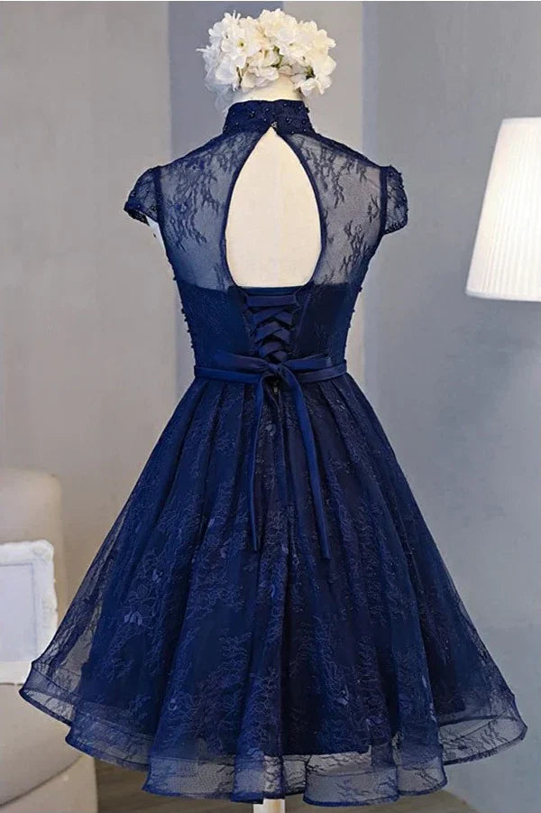 PM311,Navy Blue Homecoming Dresses,Lace Homecoming Dress,High Neck Mini Prom Dresses