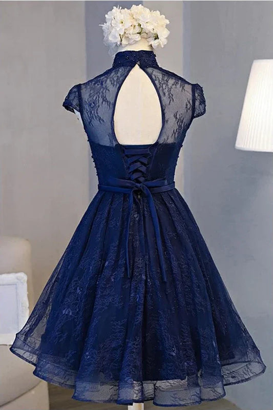 PM311,Navy Blue Homecoming Dresses,Lace Homecoming Dress,High Neck Mini Prom Dresses