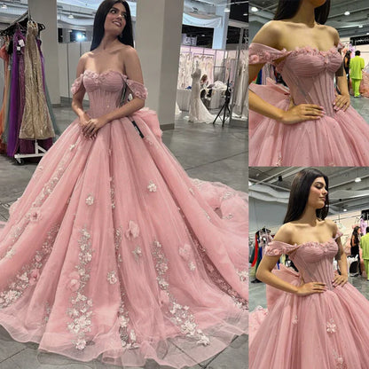 Gorgeous Pink Sweetheart Applique Off-the-shoulder Sweet 16 Quinceanera A-Line Prom Dress Birthday Dress Evening Dress Ball Gown TP4523
