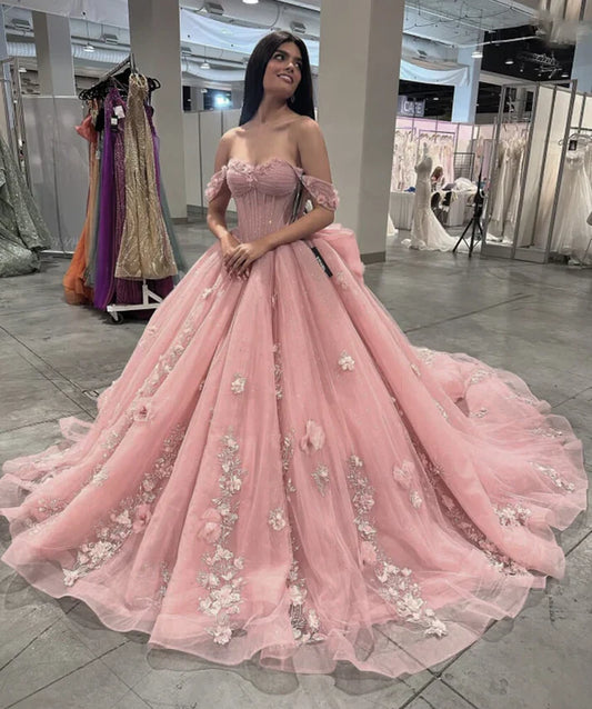 Gorgeous Pink Sweetheart Applique Off-the-shoulder Sweet 16 Quinceanera A-Line Prom Dress Birthday Dress Evening Dress Ball Gown TP4523
