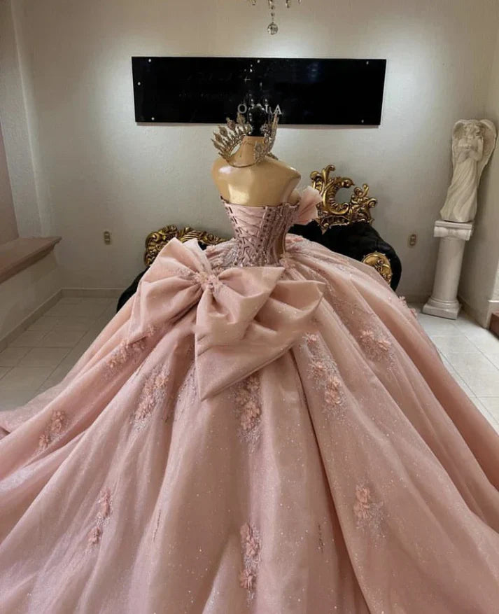 Gorgeous Pink Applique Strapless Sweet 16 Quinceanera A-Line Floor-length Prom Dress Birthday Dress Evening Dress Ball Gown TP4535