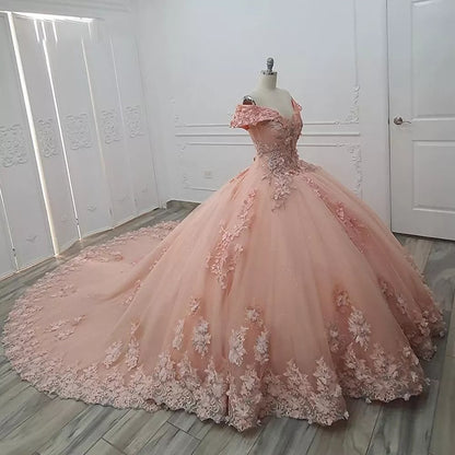 Gorgeous Pink Applique Off-the-shoulder Sweet 16 Quinceanera A-Line Floor-length Prom Dress Birthday Dress Evening Dress Ball Gown TP4536