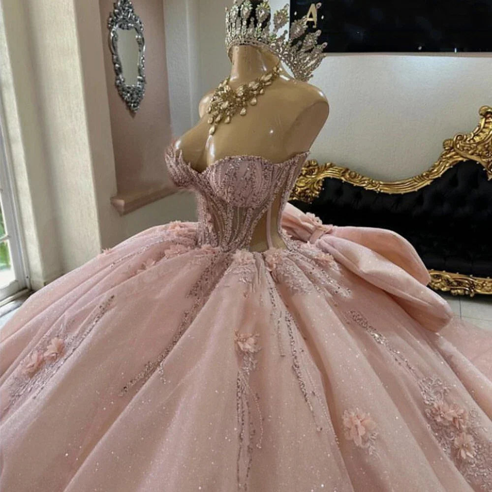 Gorgeous Pink Applique Strapless Sweet 16 Quinceanera A-Line Floor-length Prom Dress Birthday Dress Evening Dress Ball Gown TP4535