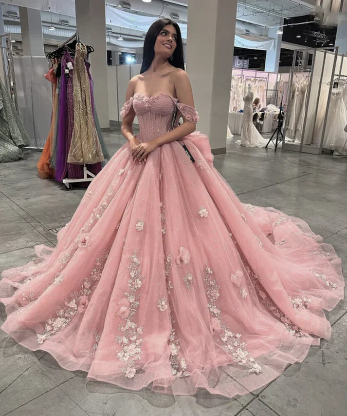 Elegant Pink Applique Strapless Sweet 16 Quinceanera A-Line Floor-length Prom Dress Birthday Dress Evening Dress Ball Gown TP4534