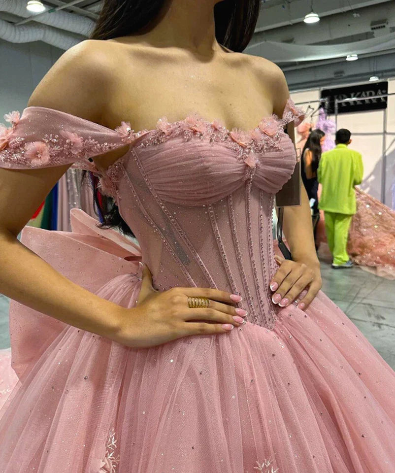 Gorgeous Pink Sweetheart Applique Off-the-shoulder Sweet 16 Quinceanera A-Line Prom Dress Birthday Dress Evening Dress Ball Gown TP4523