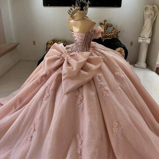 Gorgeous Pink Applique Strapless Sweet 16 Quinceanera A-Line Floor-length Prom Dress Birthday Dress Evening Dress Ball Gown TP4535