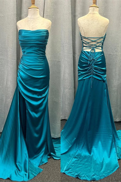 Mermaid Ruched Red Senior Prom Dress With Slit Strapless