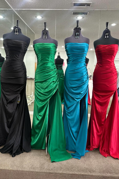 Mermaid Ruched Red Senior Prom Dress With Slit Strapless
