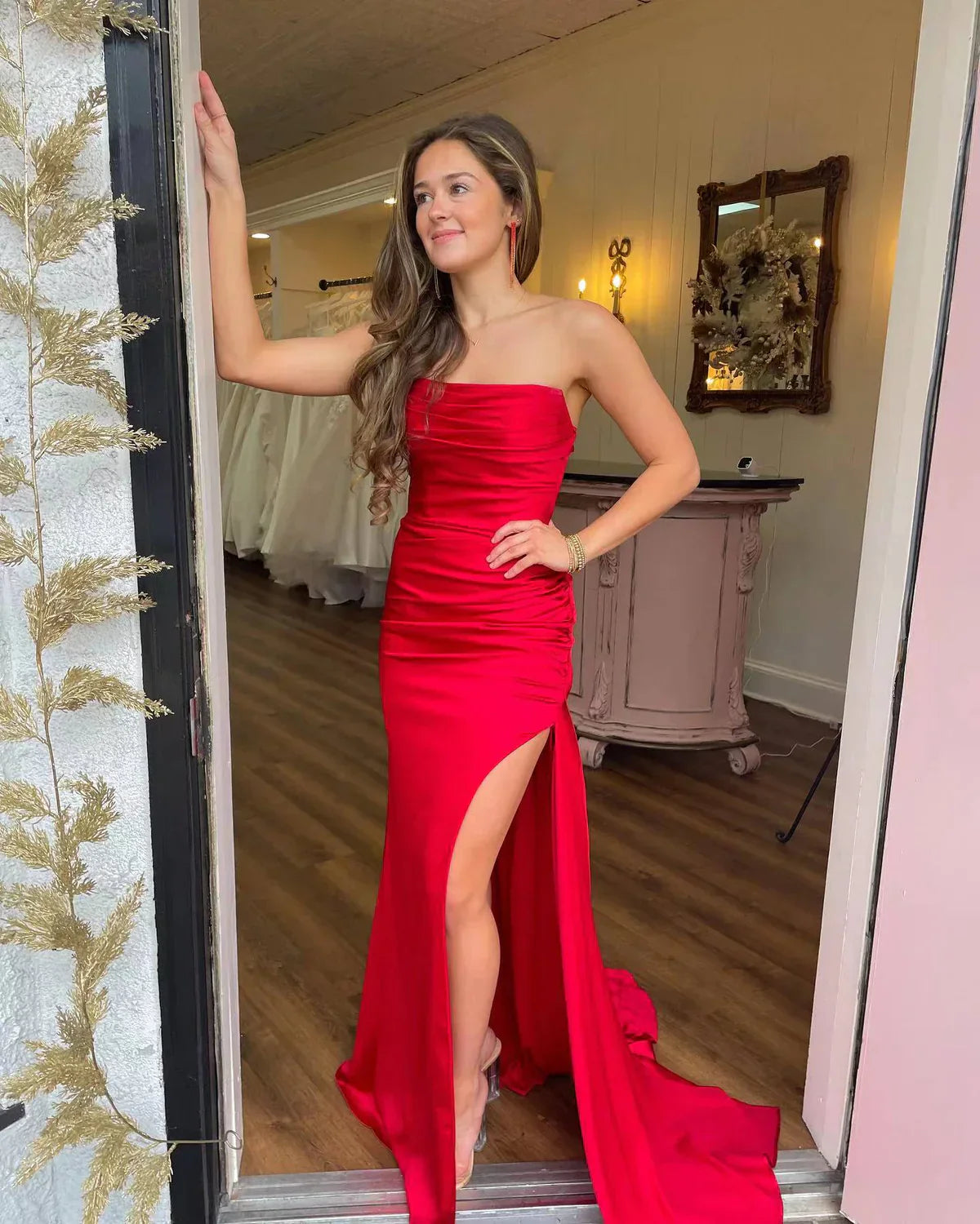 Mermaid Ruched Red Senior Prom Dress With Slit Strapless