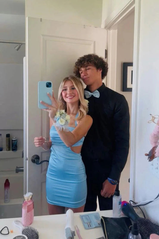 Straps Black Cutout Tight Mini Dress Ruched Cocktail Dresses