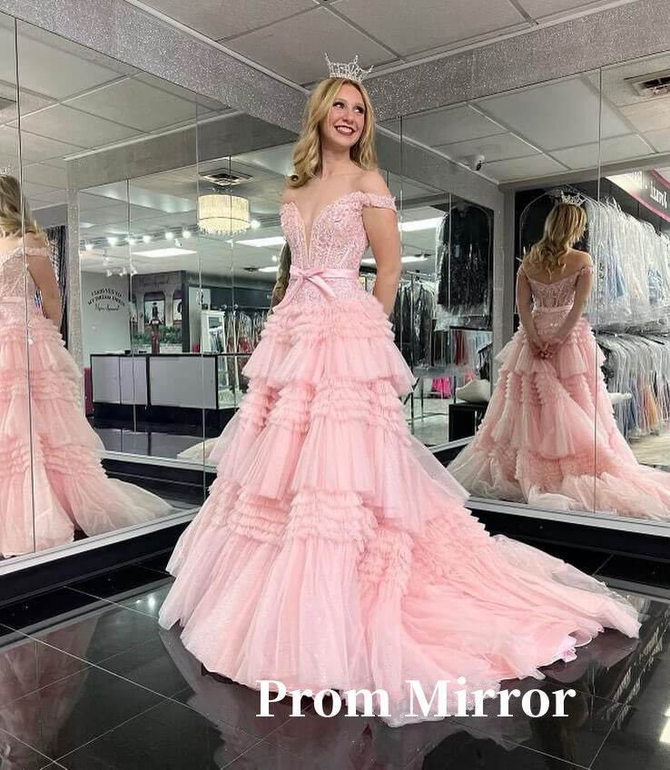 PM500,Princess Off The Shoulder Pink Prom Dresses, Lace Tulle Ruffles Evening Dresses