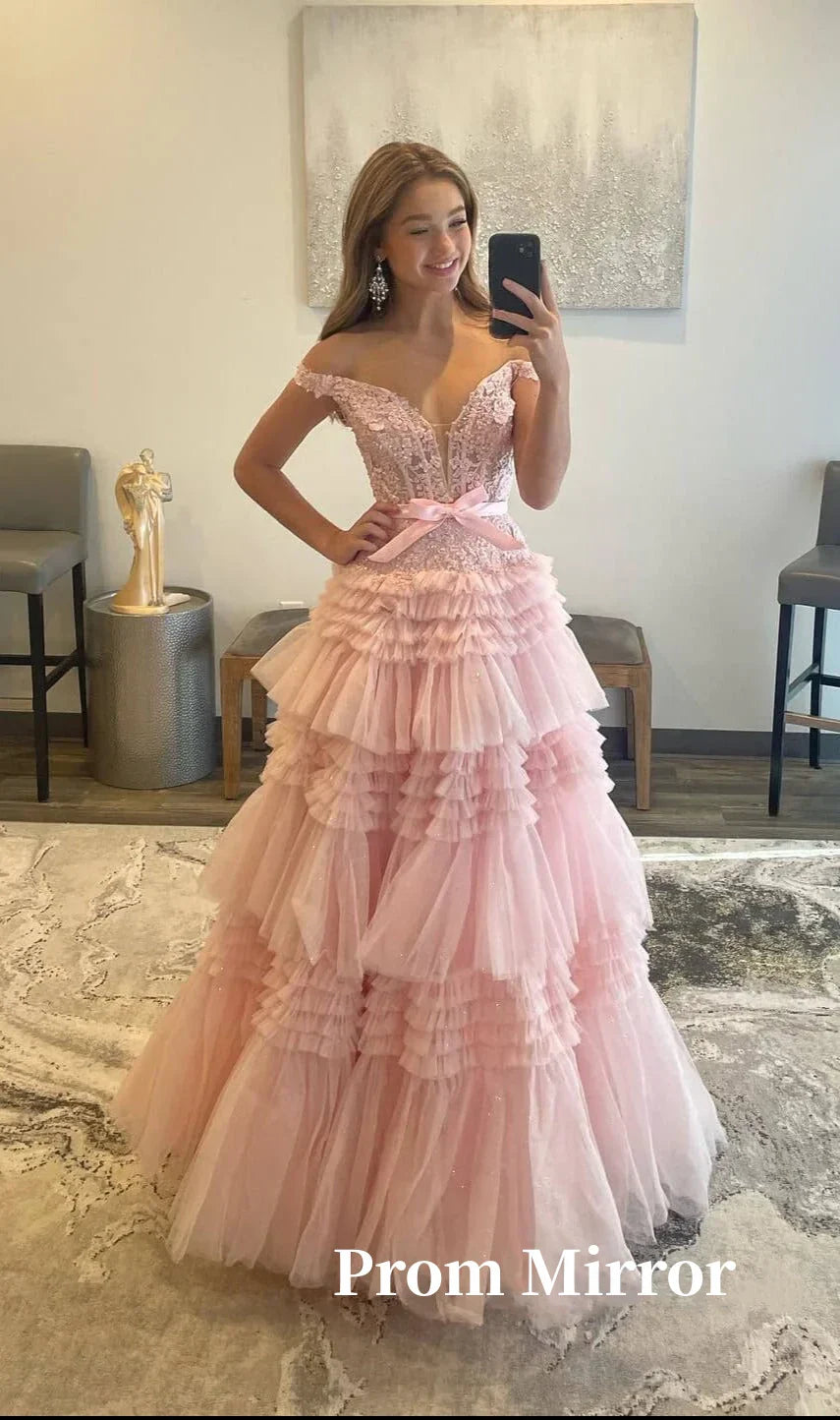 PM500,Princess Off The Shoulder Pink Prom Dresses, Lace Tulle Ruffles Evening Dresses