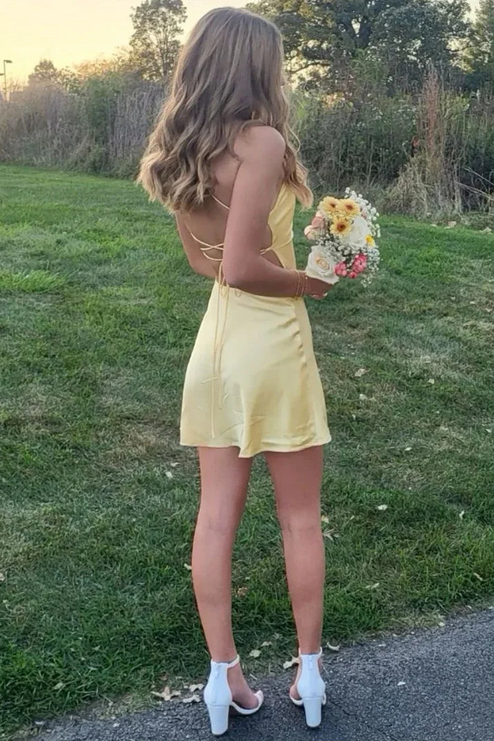 Straps Mini Prom Dress Yellow Short Party Cocktail Dresses
