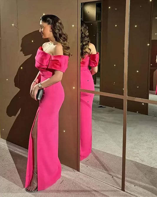 Hot Pink Tight Prom Dress Leg Split Satin Formal Party Dresses Elegant