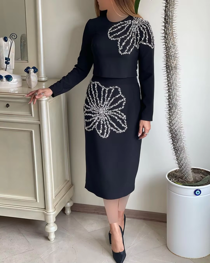 Black Two Piece Party Dress for Wedding,Beaded Flower Formal Dresses