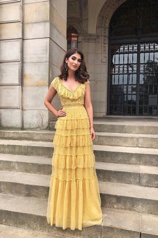 PM468,Unique Ruffles V-Neck Floor Length Tulle Yellow Prom Dresses