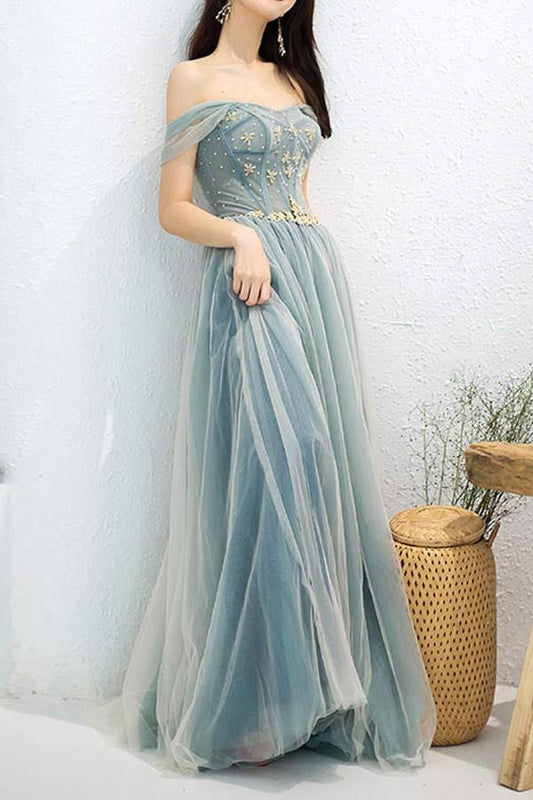 Beaded Off The Shoulder Dusty Blue Tulle Prom Dress,WP322