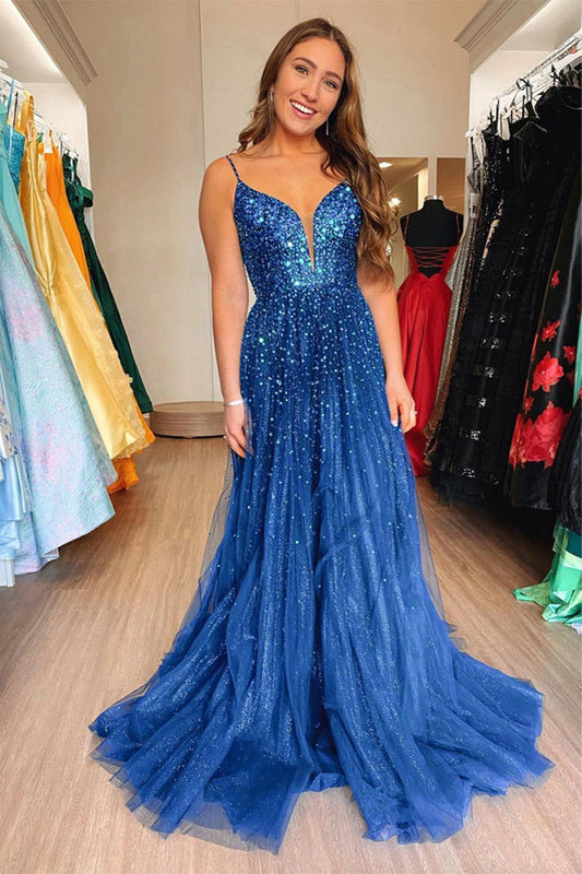 Shiny Blue Tulle Formal Prom Dress With Sequins,WQ116