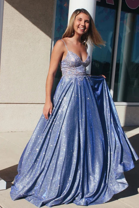 Sparkly A Line Satin Long Prom Dress With Lace Appliques,WP152