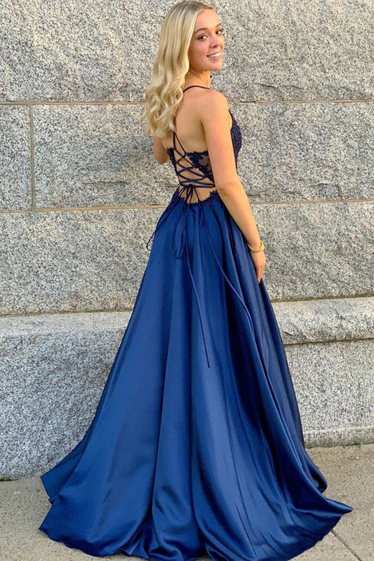 Blue Satin Prom Dress Beaded Evening Dress,WP263
