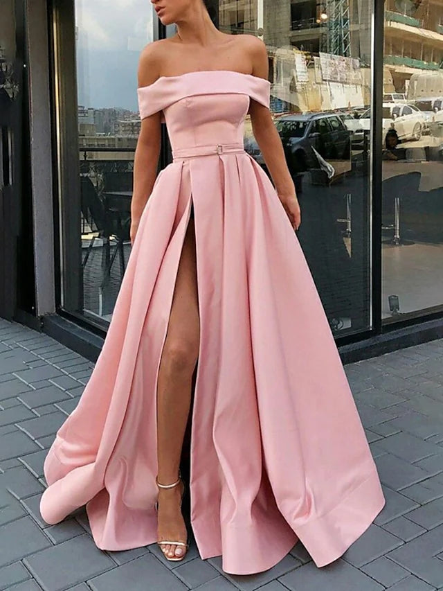 Simple Off The Shoulder High Slit Long Prom Dress A-Line Evening Gown WP445