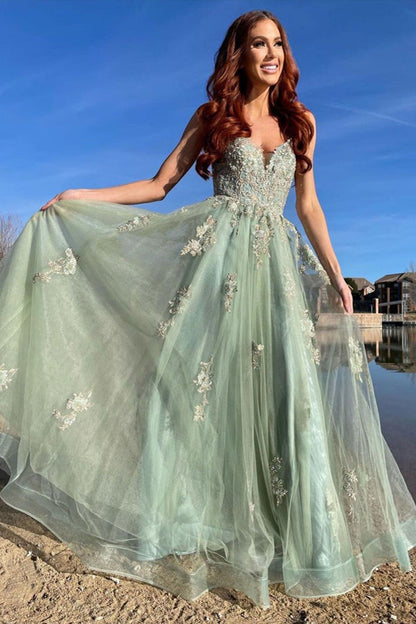 A Line Mint Green Tulle Prom Dress With Appliques,WQ119