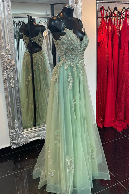 A Line Mint Green Tulle Prom Dress With Appliques,WQ119